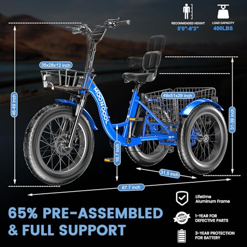 MOONCOOL Electric Tricycle for Adults, 20" x 4" Fat Tire Electric Trike, 48V 500W Motorized Electric Bicycle Bikes