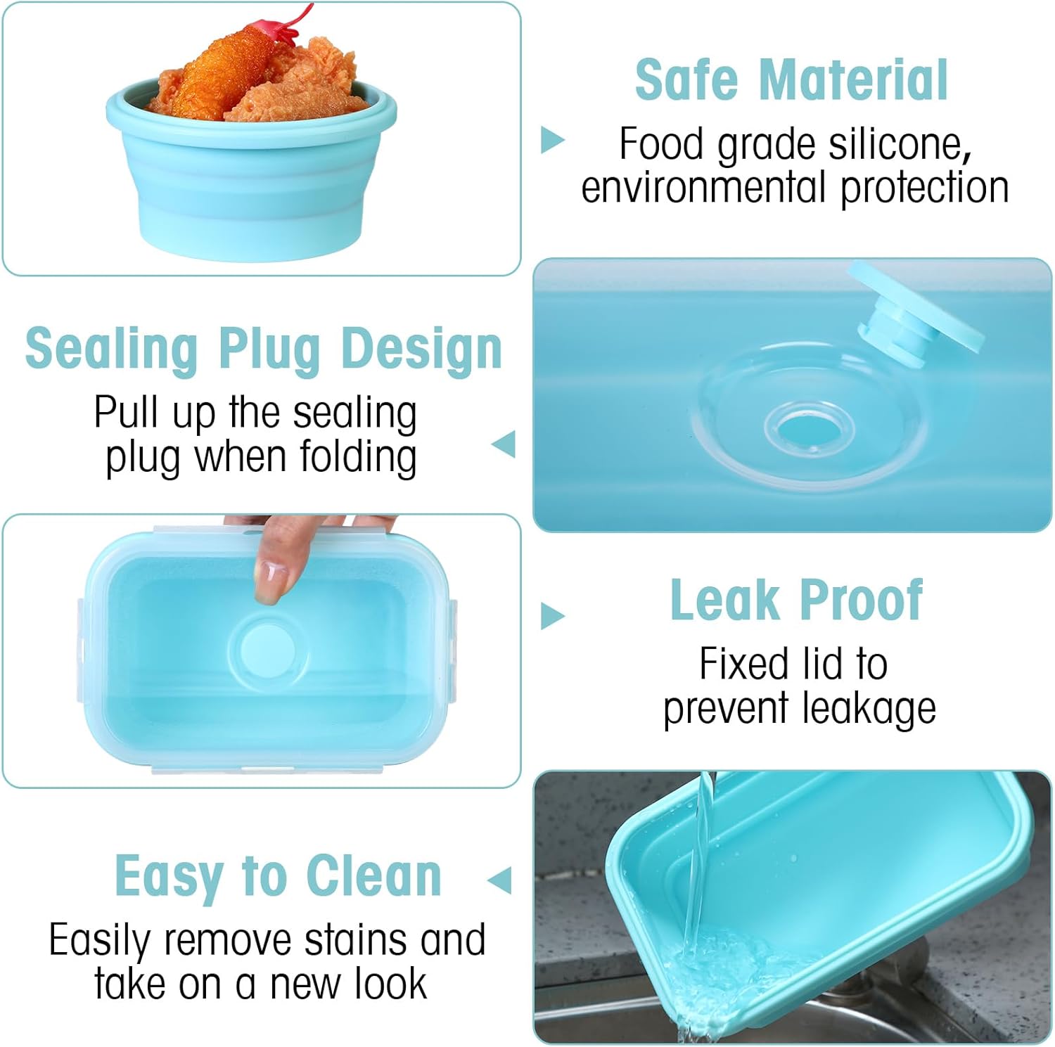 16 Pack Collapsible Food Storage Containers with Lid 8 P cs Rectangle Storage Bowl and 8 P cs Round Silicone Food Bow for Lunch Accessories Microwave