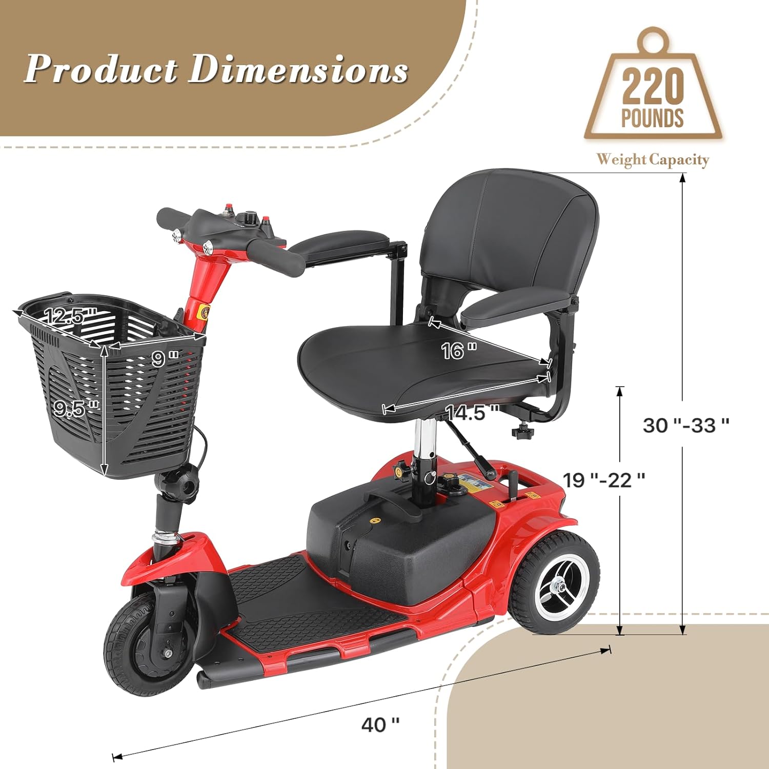 Athena Collection 3 Wheel Mobility Scooter Electric Wheelchair Scooter with Seat for Adults Seniors