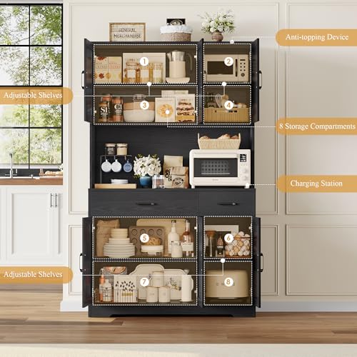 HOSTACK 71" Pantry Cabinet with Charging Station, Tall Kitchen Pantry Storage Cabinet with Microwave Stand