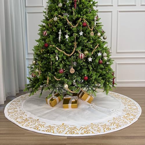 72-Inch Victorian Velvet Christmas Tree Skirt with Gold Damask Embroidery and Plush Lace Ties, Burgundy