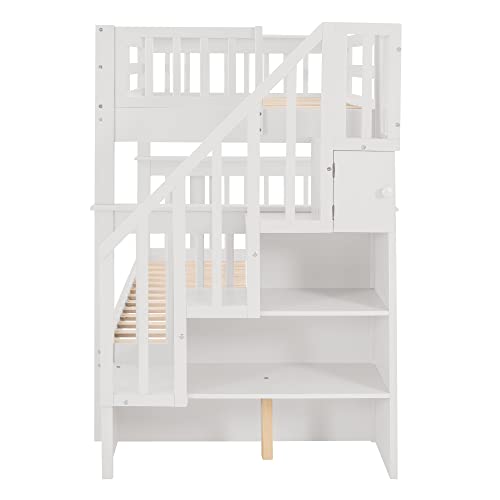Harper & Bright Designs Twin Over Twin Bunk Bed with Stairs and Trundle, Solid Wood Stairway Bunk Bed Frame with Storage