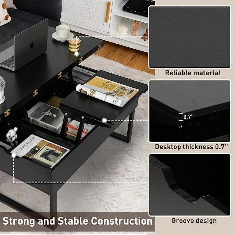 RUNFAYBIU Lift Top Coffee Table  4 in 1 Multi-  with  for Living Room  Modern Lift Dining Table with Shelves for Dining Reception Room  Rustic Brown