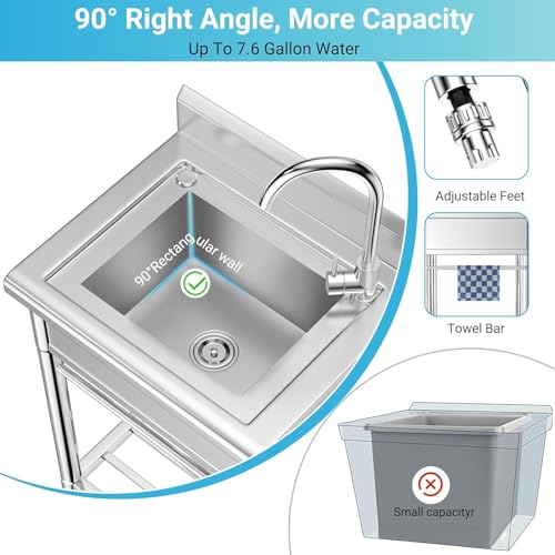 26 Inch Utility Sink, 304 Stainless Steel Sink Free Standing Sink with Cold and Hot Water Pull-out Faucet, Heavy Duty Laundry Sinks for Workshop