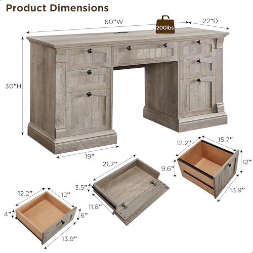 OKD 60" Executive Desk with Drawers, Farmhouse Home Office Desk with Charging Station, Keyboard Tray, File Cabinet Storage