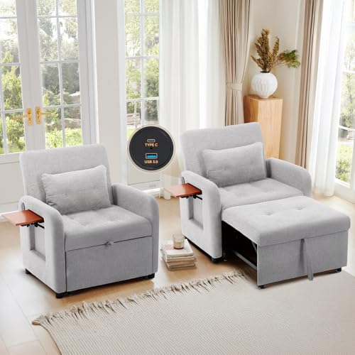 COLAMY Convertible Sleeper Chair-Fabric Futon Sofa Bed, Single Sleeper Sofa, Small Couch Bed with USB Port, Foldable Table, Pillow