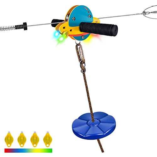 100FT Zip Lines for Kids and Adults Outdoor, ZEROMX Zipline Kits for Backyard Up to 330 LBS with UFO Light Up Zipline Trolley and Thickened Zipline