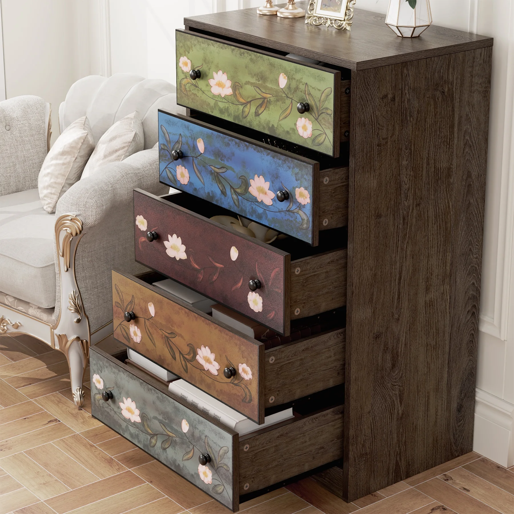 Homfa 5 Drawer Dresser for Bedroom, Boho Accent Dresser Chest of Drawers for Entryway Living Room