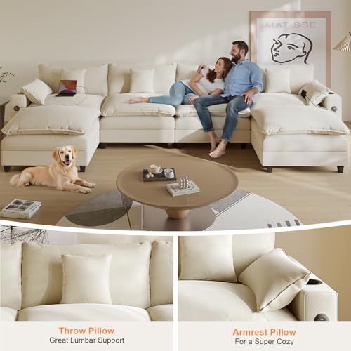 Modular Sectional Sofa, Cloud Couch with Ottoman, Charging Station, Throw Pillows, Cup Holders, Modern Convertible U Shaped Couches for Living Room