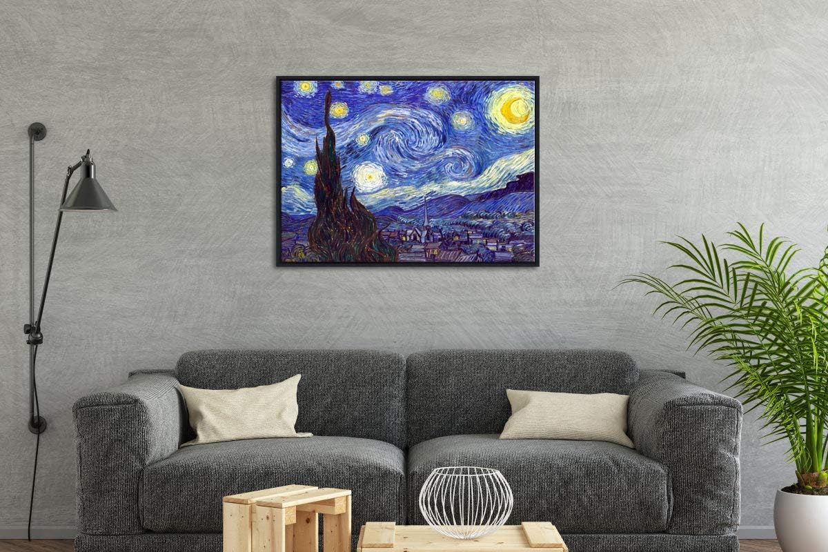 Wieco Art Framed Art Canvas Prints of Starry Night by Vincent Van Gogh Paintings Reproduction Post-Impressionism Artwork Framed Wall Art for Living
