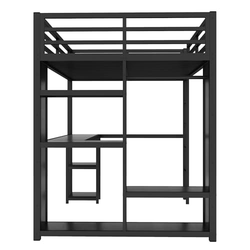 Bellamave Metal Loft Bed with Wardrobe and L-Shaped Desk, Full Size Loft Bed with Storage Cubes and Shelves, Heavy Duty LoftBed for Kids Teens Adults