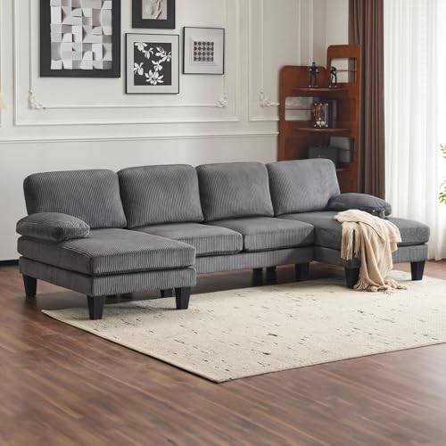 VINGLI 110" Sectional Couches for Living Room,U Shaped Couch with Double Chaise, 4-Seat Sofa Set with Chenille Fabric for Home Furniture,Forest Green