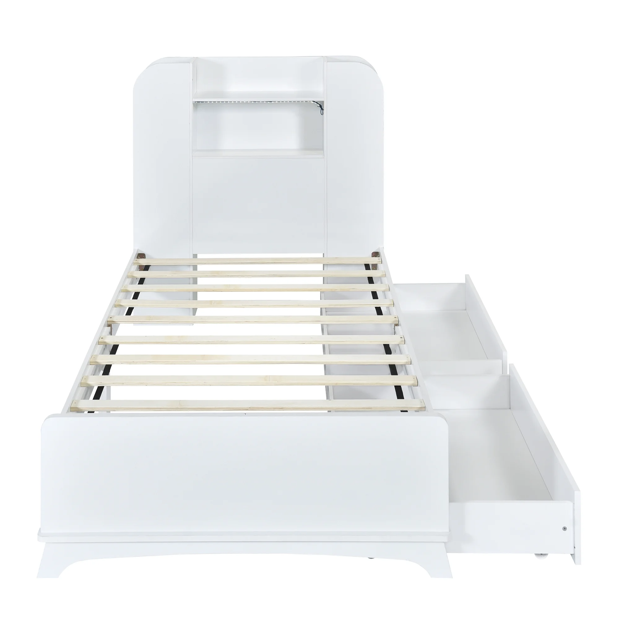 EUROCO Wood Twin Size Platform Bed with Storage Headboard and 2 Drawers, Open Shelf and LED Light for Kids Teens Adults, White