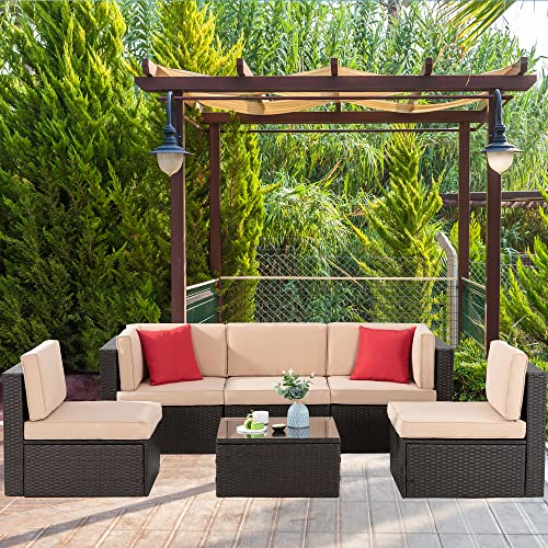 Shintenchi 6 Pieces Patio Furniture Sets Outdoor All-Weather Sectional Patio Sofa Set PE Rattan Manual Weaving Wicker Patio Conversation Set with