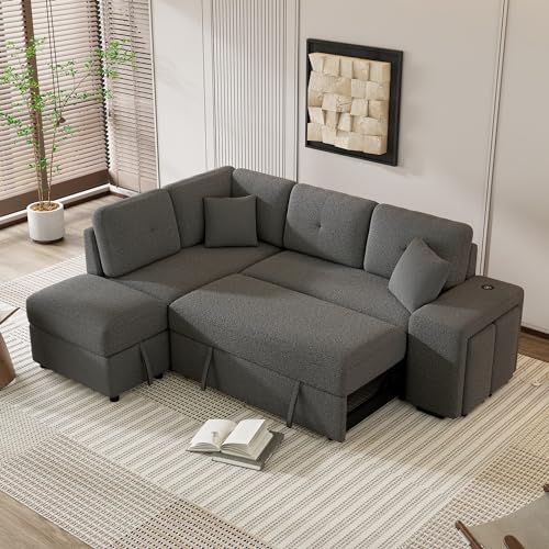 DEINPPA Sleeper Sofa, Sectional Sleeper Sofa with Double Storage Ottoman and 2 Stools
