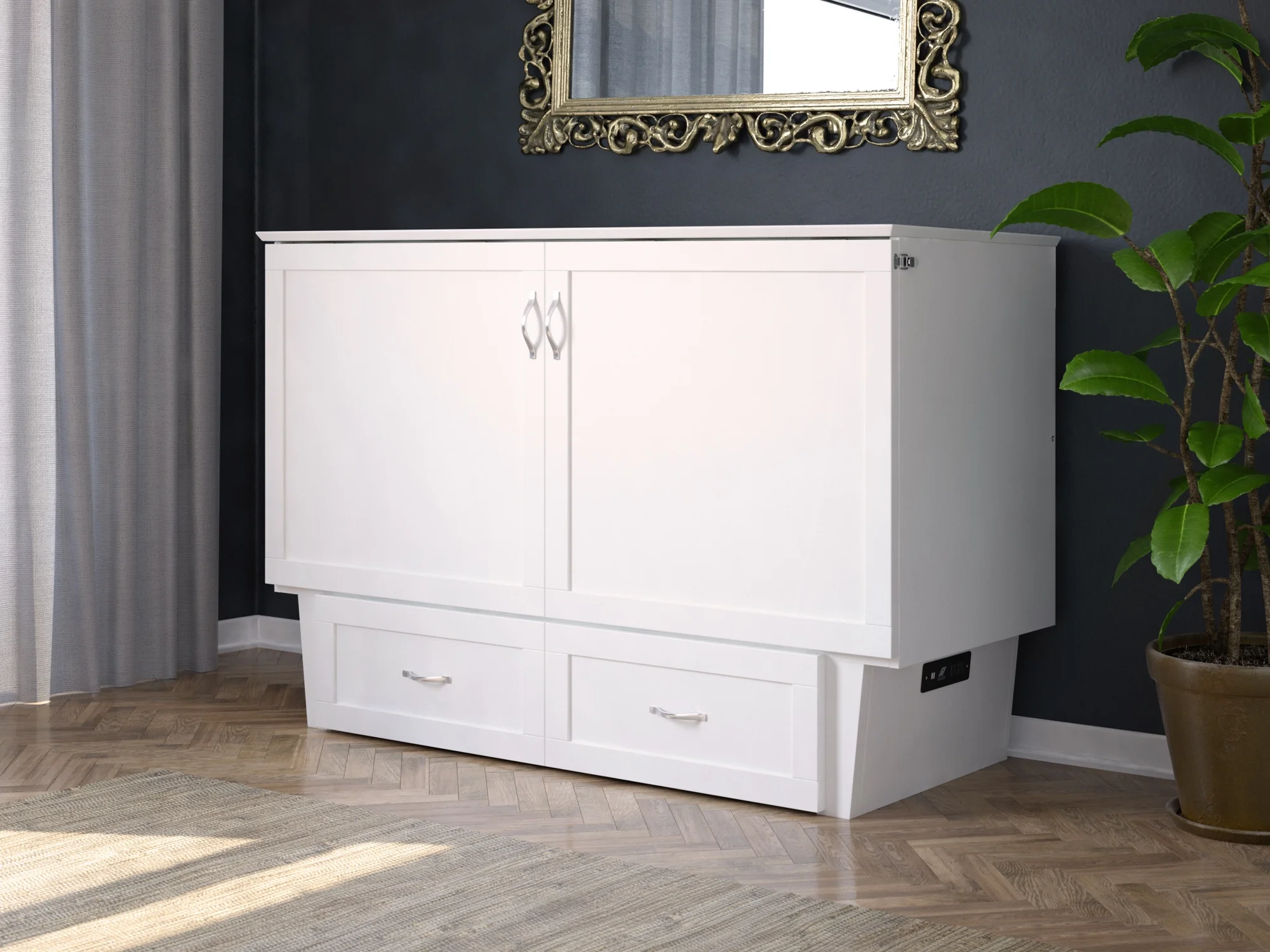 AFI Monroe Queen Solid Wood Murphy Bed Chest with Mattress, Drawer and Charger in White