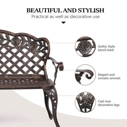VINGLI 42.5" Outdoor Bench, Antique Cast Aluminum Front Porch Bench Metal Garden Benches Cast Iron Benches 2-3 People Seating (Black)