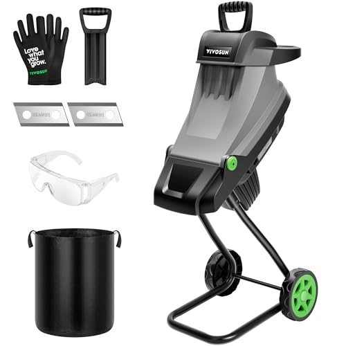 VIVOSUN 15-Amp Electric Wood Chipper Shredder with 1.77" Hopper & 50L Collection Bag, Includes Plunger, Extra Carbon Blades