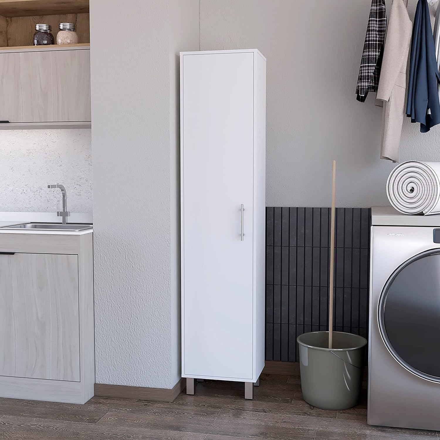 Lawen Tall Storage Cabinet, Single Door, 3 Broom Hangers,White -Kitchen