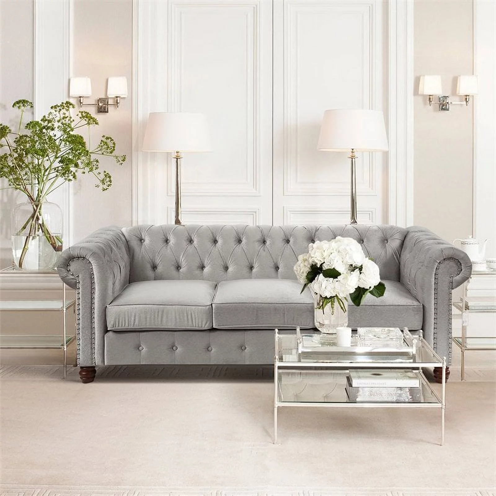Lexicon Welwyn Velvet Chesterfield Sofa in Gray