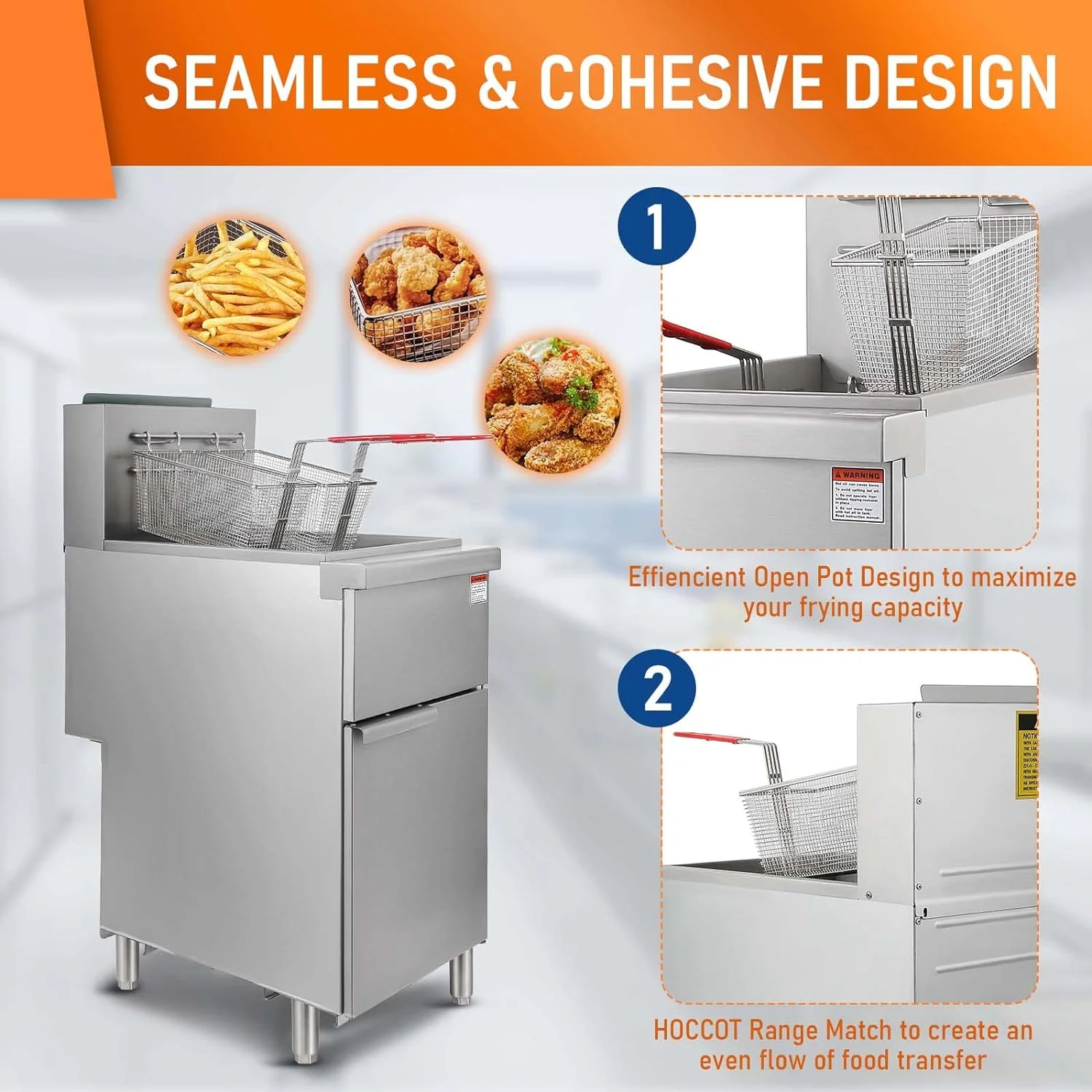 HOCCOT Commercial Deep Fryer with 3 Tube Burners, Stainless Steel Gas Floor Fryer in 90,000 BTU