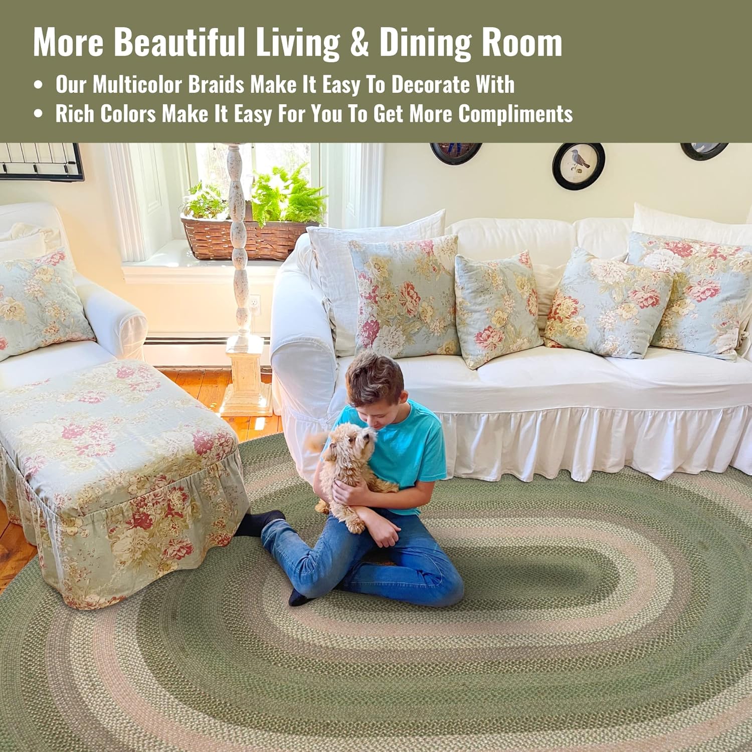 Homespice Grassland Jute Green 4x6' Braided Rugs Oval Rugs for Living Room, Bedroom Rug and Dining Room. Pet Friendly. Decor Styles- Farmhouse Rug