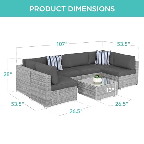Best Choice Products 7-Piece Modular Outdoor Sectional Wicker Patio Conversation Set w/ 2 Pillows, Coffee Table, Cover Included - Gray/Navy