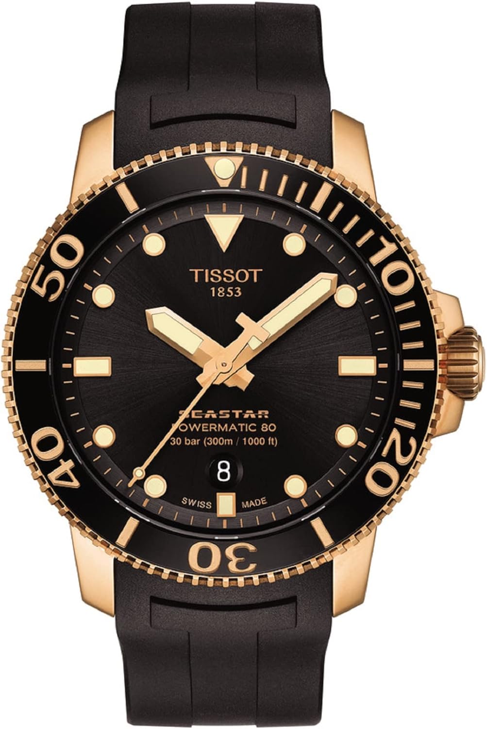 Tissot mens Seastar 1000 Powermatic 80 316L stainless steel case with rose gold PVD coating Automatic watches, Black, Rubber, 21 (T1204073705101)