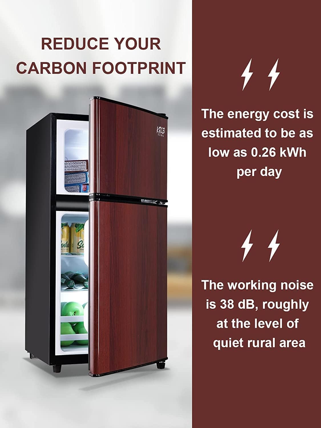 KRIB BLING Mini Fridge With Freezer,Compact Refrigerator With 2 Doors,7- Level Adjustable Thermostat, Removable Glass Shelves For Bedroom, Office