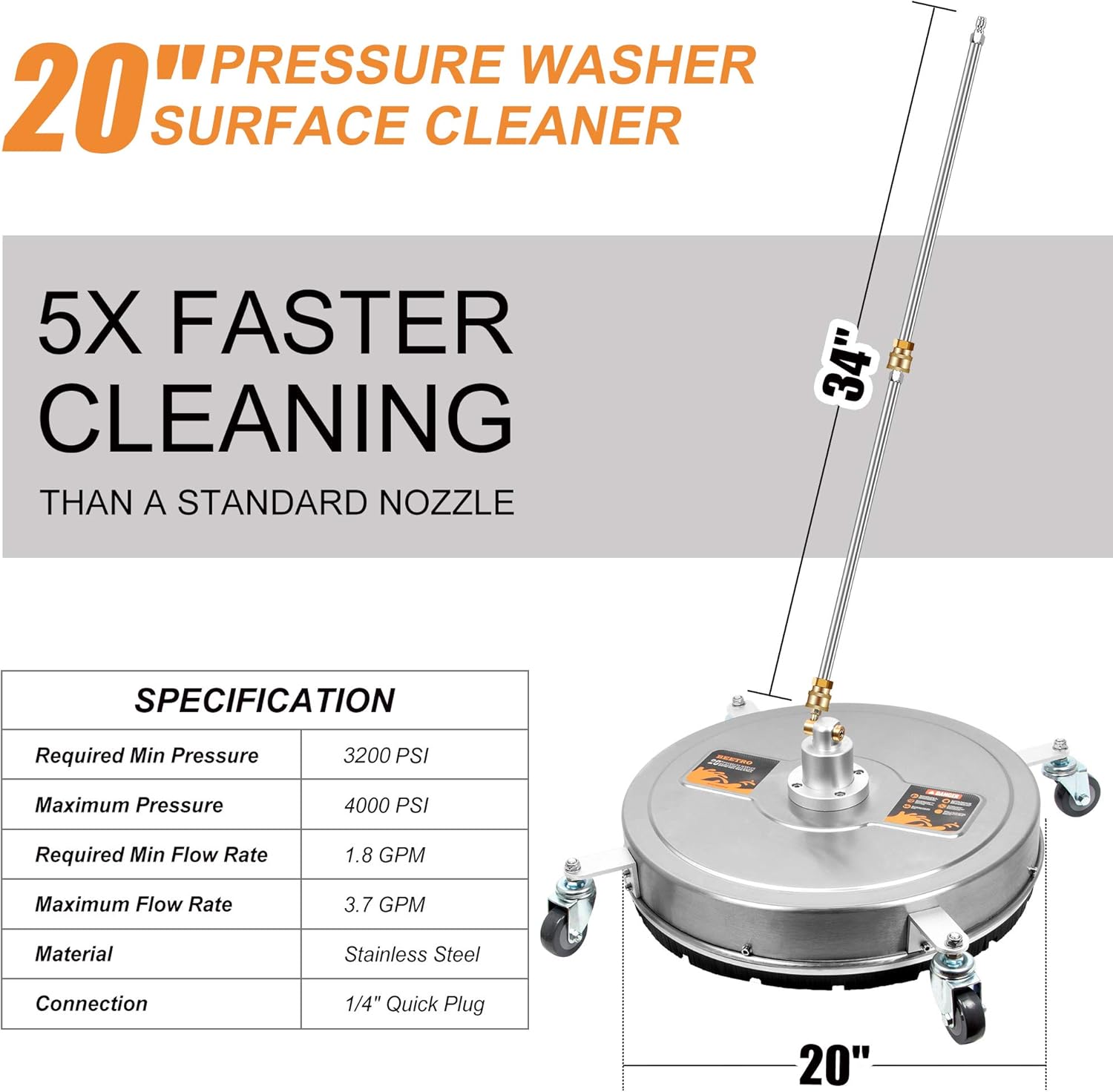 BEETRO 20 Inch Stainless Steel Pressure Washer Surface Cleaner, 4000 PSI Surface Cleaner with 2 Extension Wands