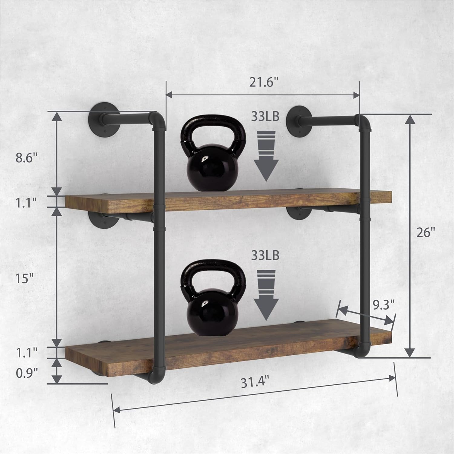 CADMIC Industrial Wall Mount Iron Pipe Shelf for Office Room Kitchen DIY Open Bookshelf Retro Black Storage Shelves Pipe Shelving Hung Bracket (3