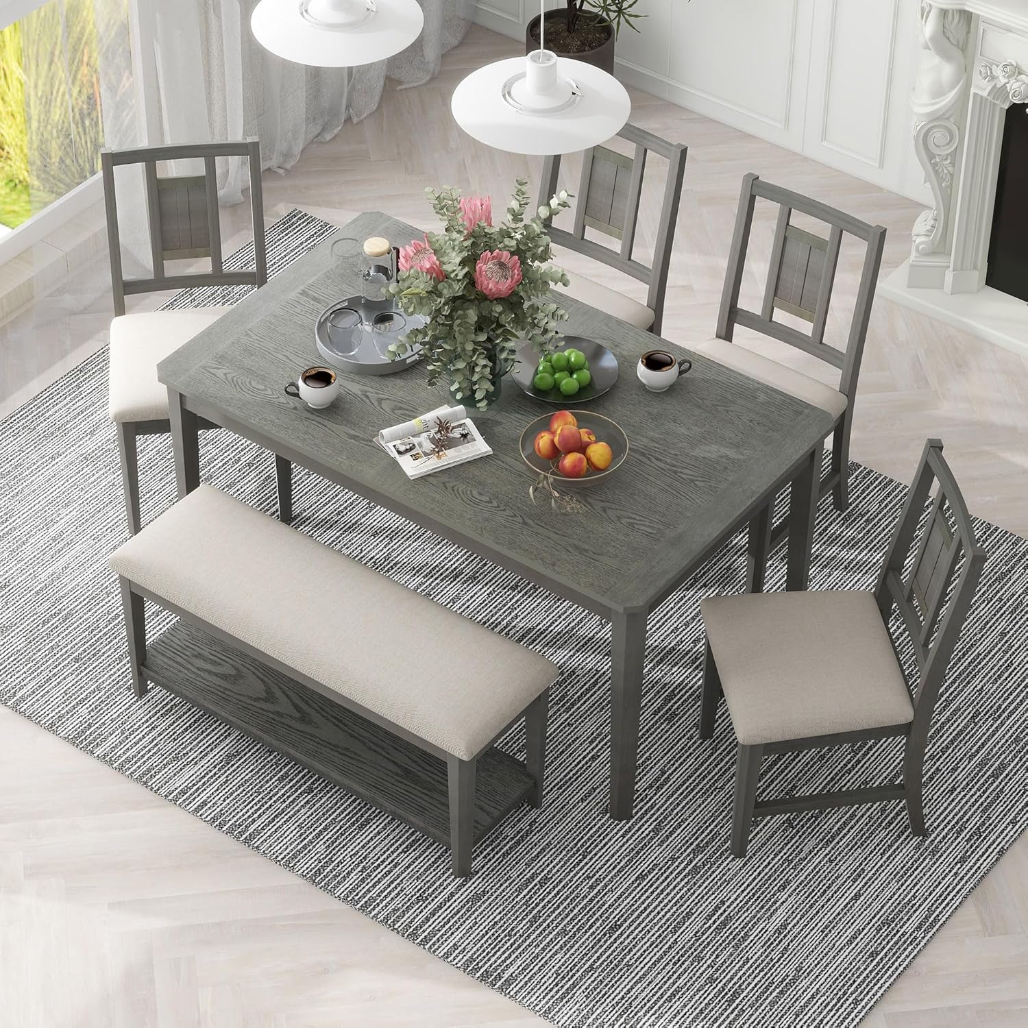 Retro 6-Piece Dining Table Set, 60" L Minimalist Dining Table and 4 Upholstered Chairs & 1 Bench, Solid Wood Kitchen Dining Room Table Set for 6
