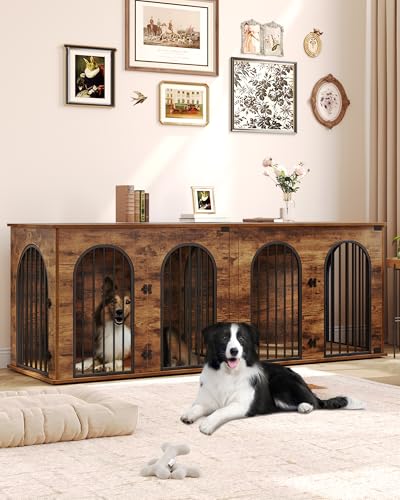 71" Dog Crate Furniture for 2 Dogs, Heavy Duty Indoor Dog Kennel TV Stand, XXL Wooden Dog Cage with Divider for Medium Large Dogs