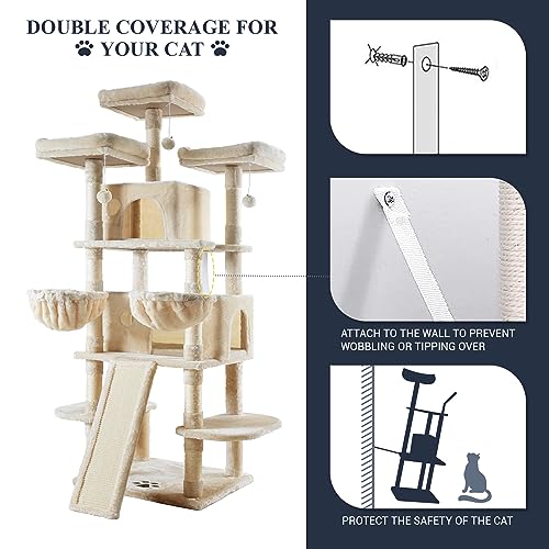 Allewie 68 Inches Cat Tree/House and Towers for Big Feline/Scratching Post/Multi-Level Large Kitty Climbing Tree with Condo/Smokey Grey