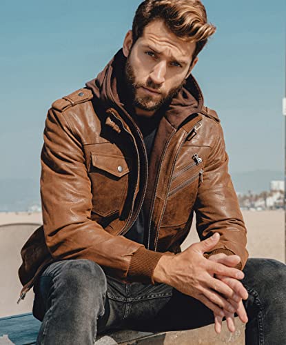 FLAVOR Men Brown Leather Motorcycle Jacket with Removable Hood
