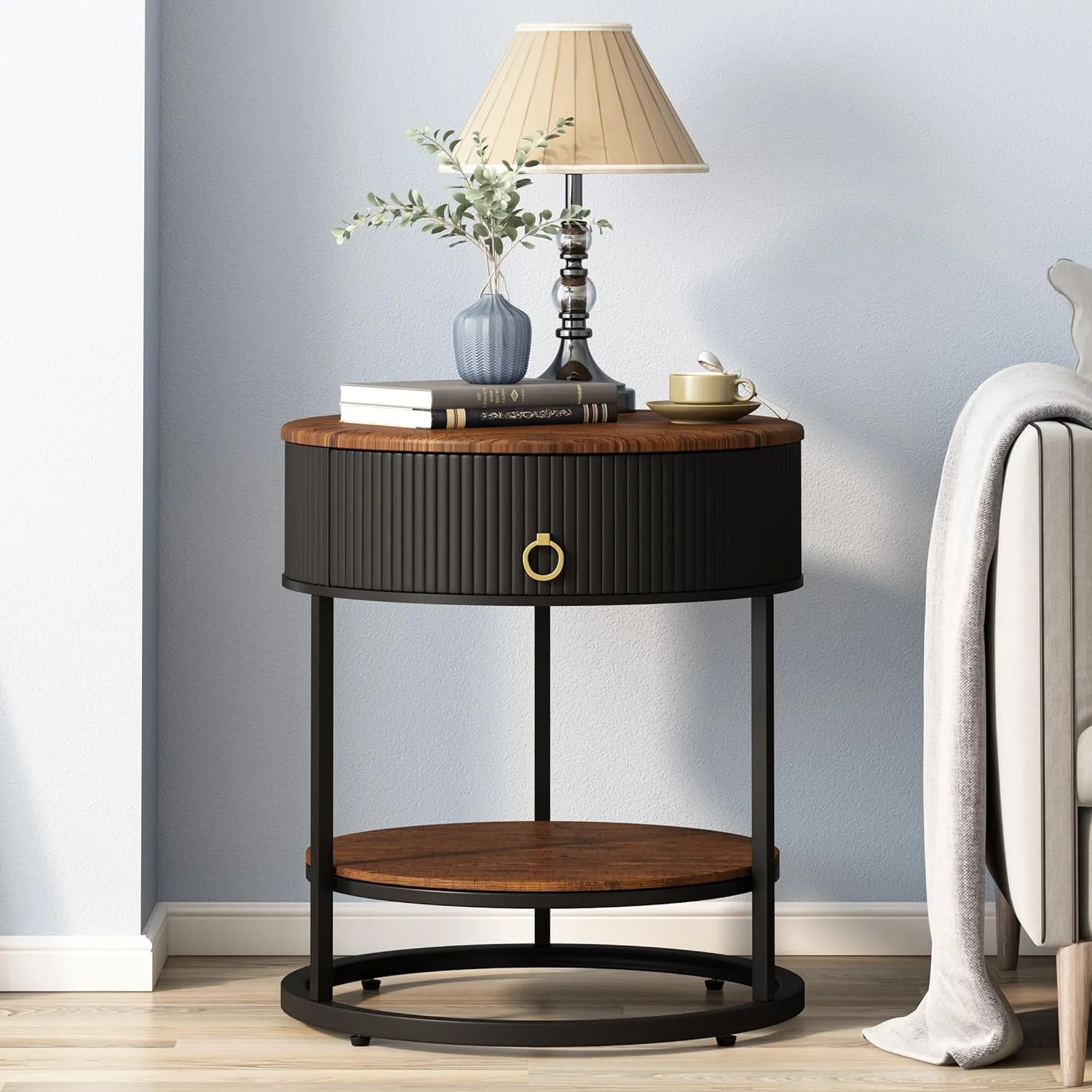 ASYA Metal End Table with Drawer, 21.65’’ Sofa Side Table, 2-Tier Round Nightstand for Bedroom, Black
