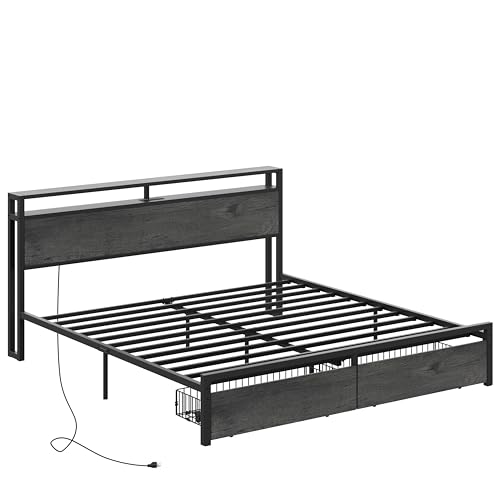 LIKIMIO King Bed Frame with Storage Headboard, Platform Bed with Drawers and Charging Station, No Box Spring Needed, Easy Assembly, Vintage Brown