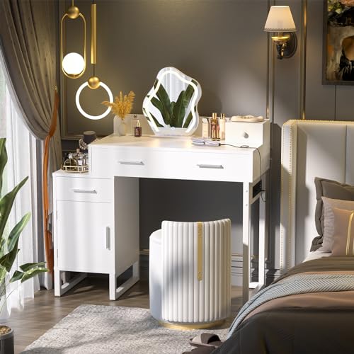 Vanity Desk with 4 Storage Drawers - Modern Makeup Vanity Table with Charging Station