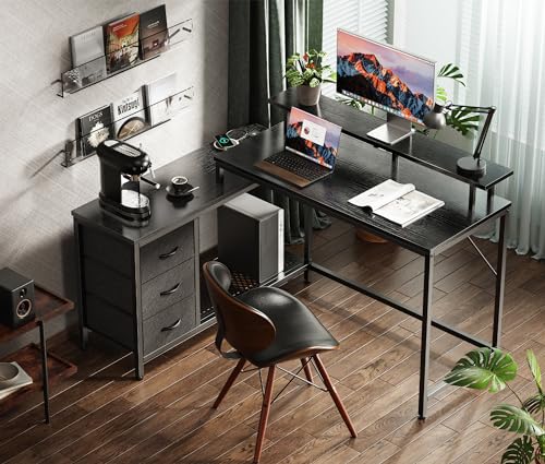 Huuger Reversible L Shaped Computer Desk with Drawers, Gaming Desk with LED Lights and Power Outlets, Office Desk with Storage Shelves