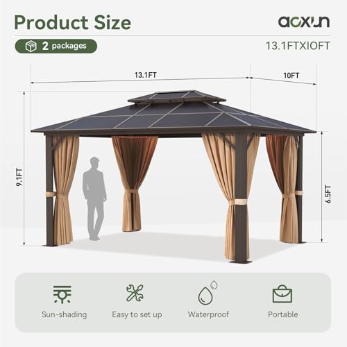 Aoxun 12'x10' Hardtop Gazebo, Aluminum Frame Permanent Pavilion with Curtains and Netting, Outdoor Polycarbonate Double Roof Canopy