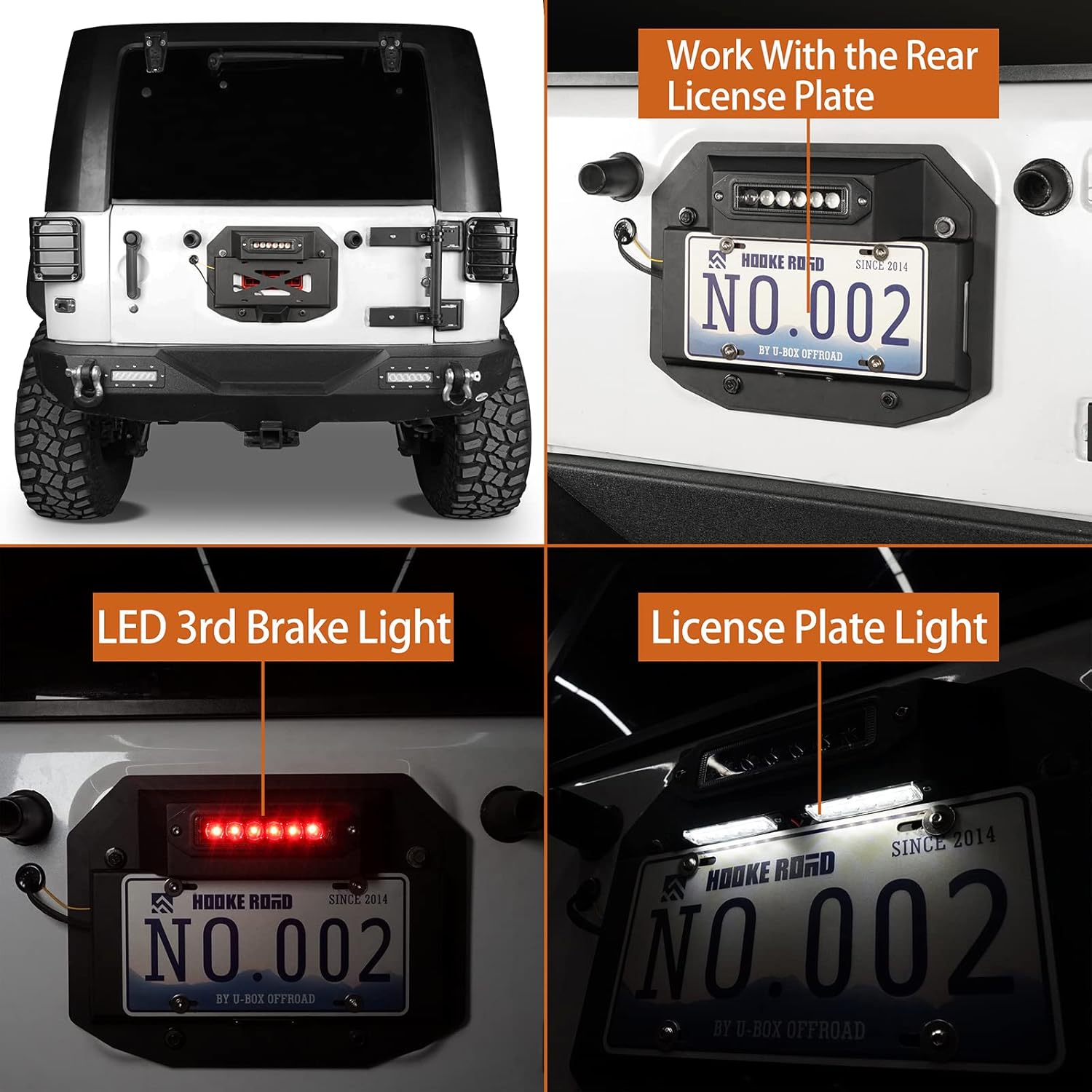 u-Box JK Spare Tire Delete License Plate Relocation Kit w/ 2X Plate Illuminate Light & Third Brake Light for Jeep Wrangler JK 2007-2018 & Unlimited