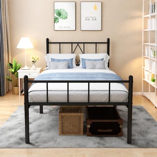 Full Size Bed Frame, 14 Inch Metal Platform Bed with Iron-Art Headboard & Footboard, Classic Bed Frame with Heavy Duty Metal Slats Support