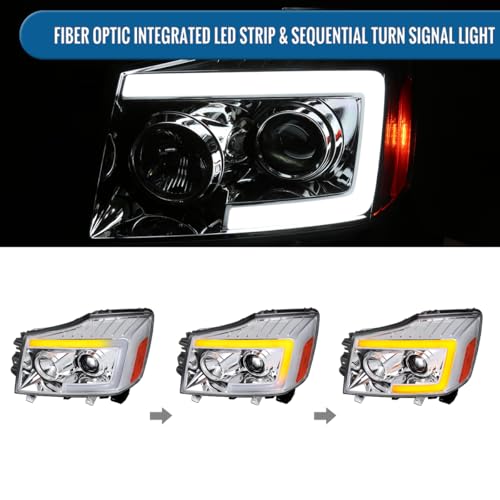 Fits 2004-2015 Nissan Armada Titan Upgraded Replacement Projector Headlights LED Switchback Sequential Turn Signals Assembly Pair | Black