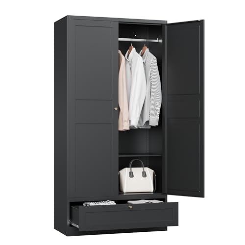MIIIKO Steel Cabinet Wardrobe, Metal Locker Cabinet with Hanging Rod, Metal Clothing Locker Storage for Home, Office, Garage and Changing Room