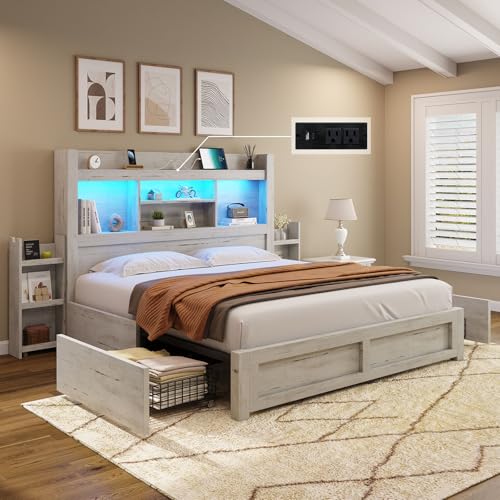 AMERLIFE Queen Bed Frame with 4 Storage Drawers, LED Platform Bed with 49" Bookcase Headboard