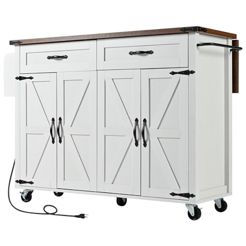 GDFStudio 53.5" Farmhouse Kitchen Island with Drop Leaf, Power Outlet, Rolling Cart with Storage Cabinet, Drawers, Spice Rack, and Wheels