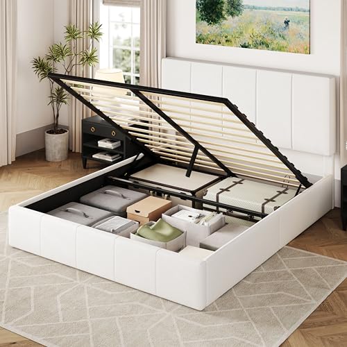 Allewie Queen Size Velvet Lift Up Storage Bed Frame, Vertical Channel Tufted Headboard, Hydrualic Underneath Storage, Upholstered Platform Bed