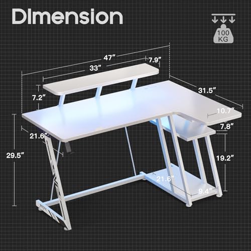 MOTPK Gaming Desk with LED Lights & Power Outlets, 55 Inch L Shaped Gaming Computer Desk with Storage Shelf, Gamer Desk with Monitor Stand