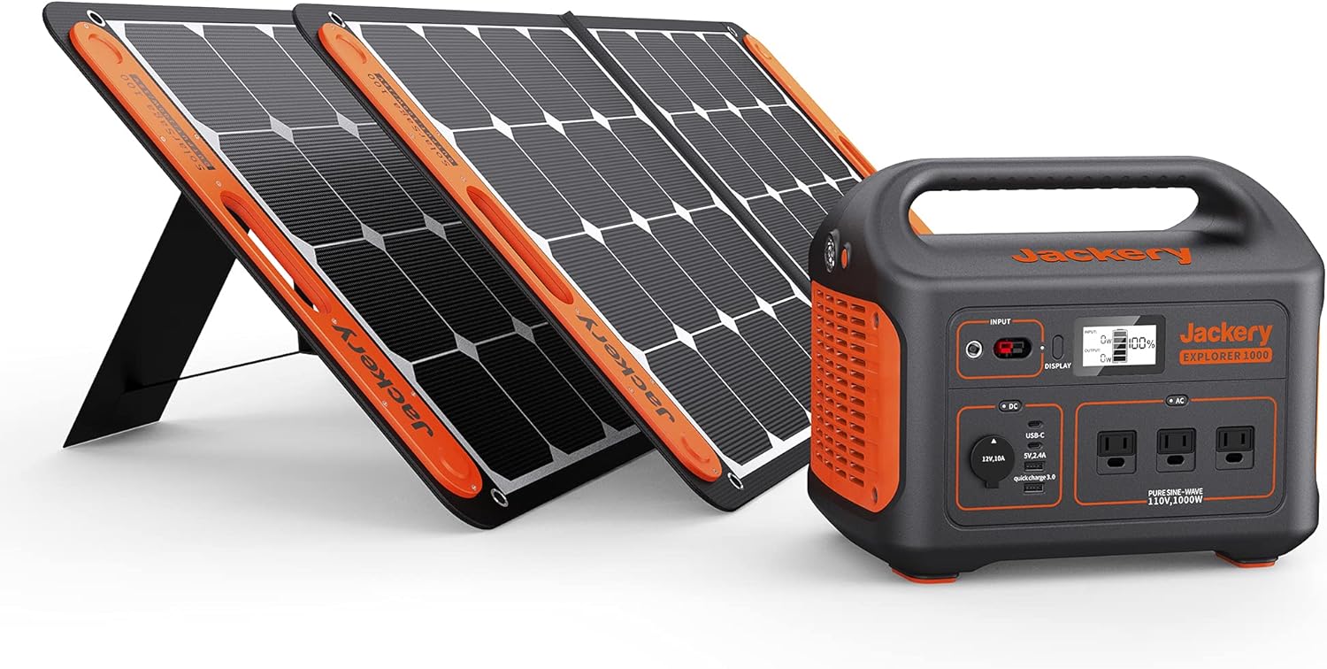 Jackery Solar Generator 1000, Explorer 1000 and 2X SolarSaga 100W with 3x110V/1000W AC Outlets
