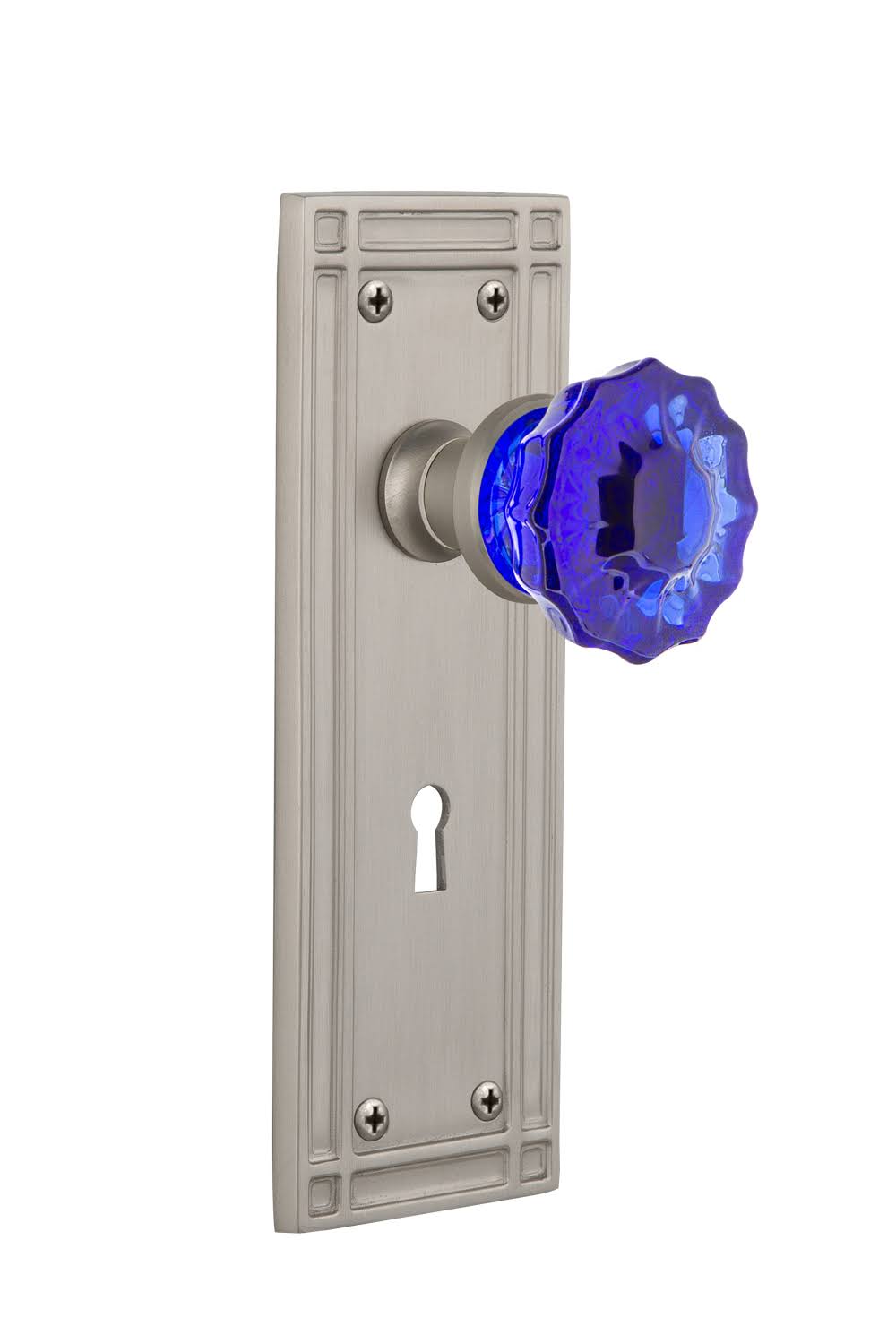 Nostalgic Warehouse - Double Dummy - Mission Plate with Keyhole Crystal Cobalt Glass Door Knob in Satin Nickel - 723888